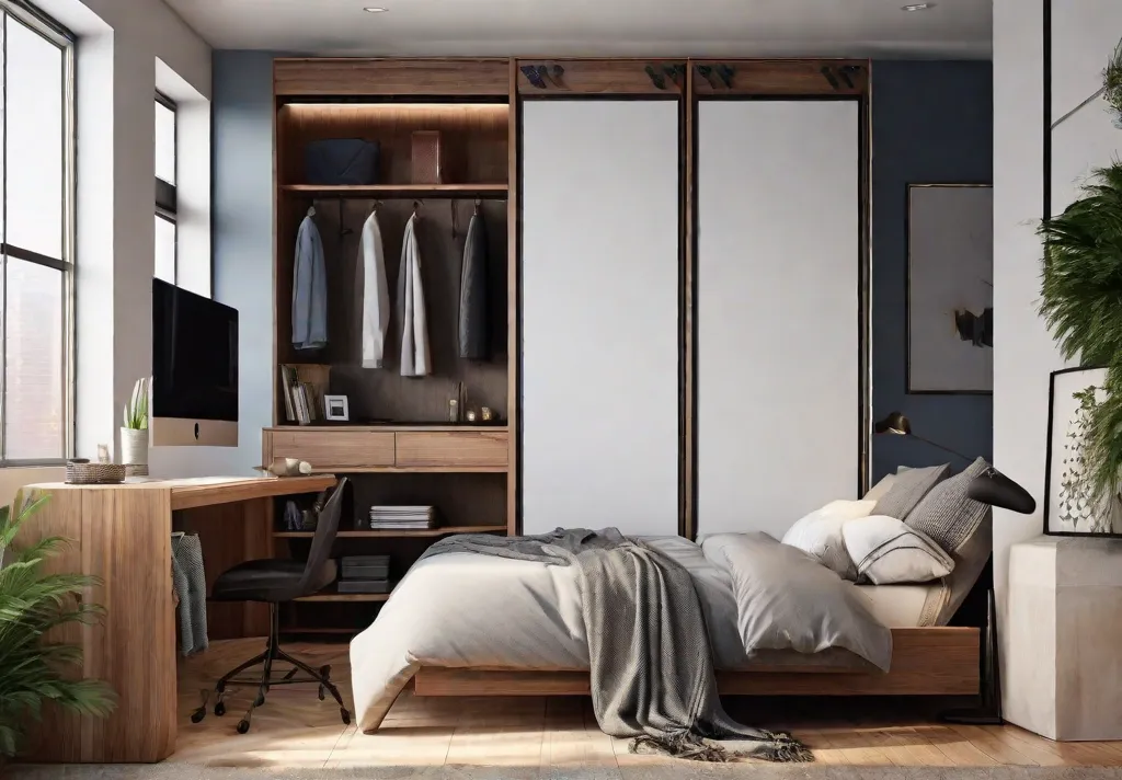 A cozy modern bedroom showcasing a Murphy bed folded up to reveal