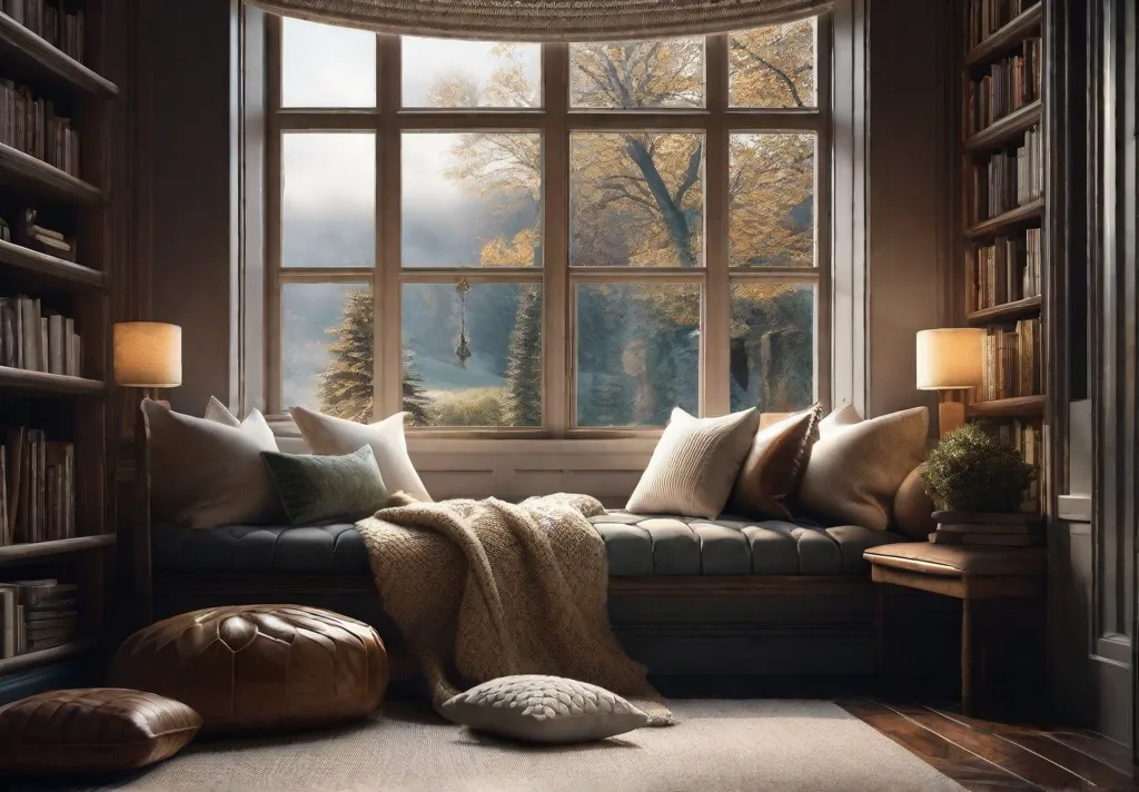 A cozy nook by a large bay window adorned with plush cushions and a soft