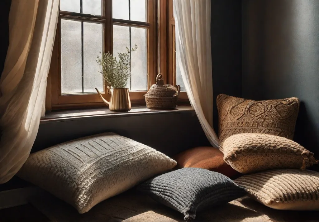 A cozy nook featuring a window seat covered in layers of textured cushions and throw blankets