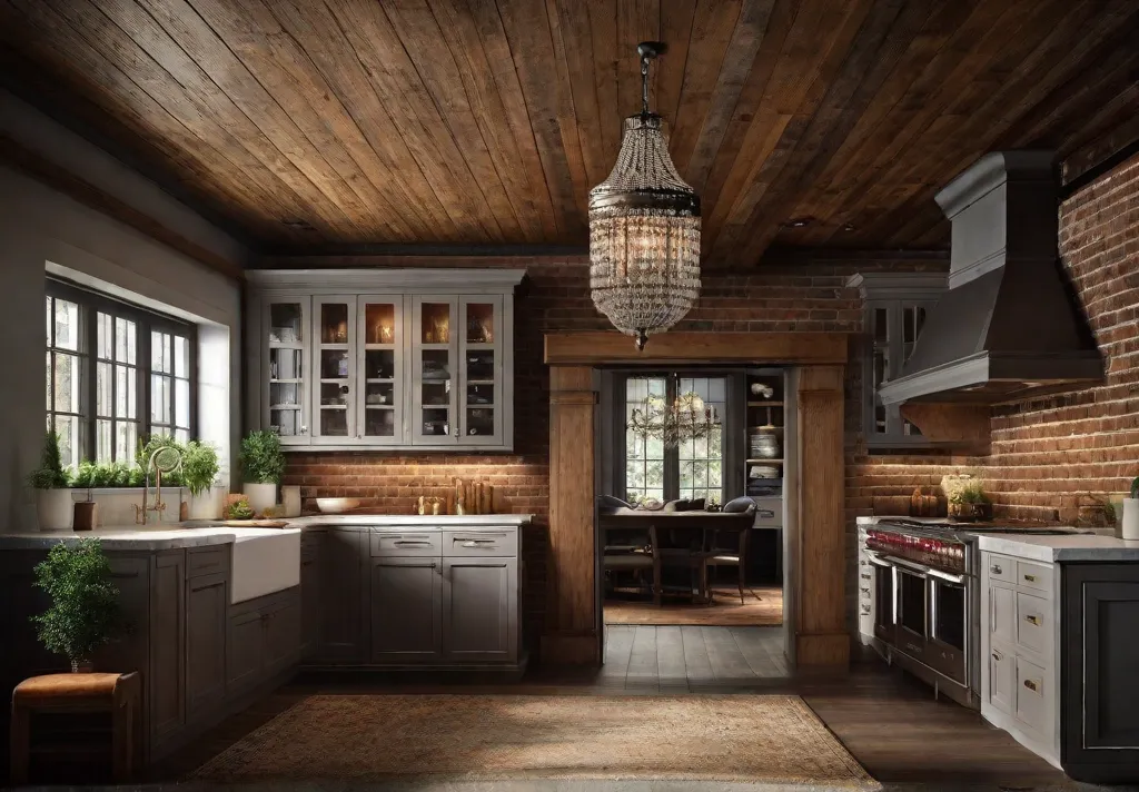 A cozy nook within a larger kitchen centered around an antique chandelier