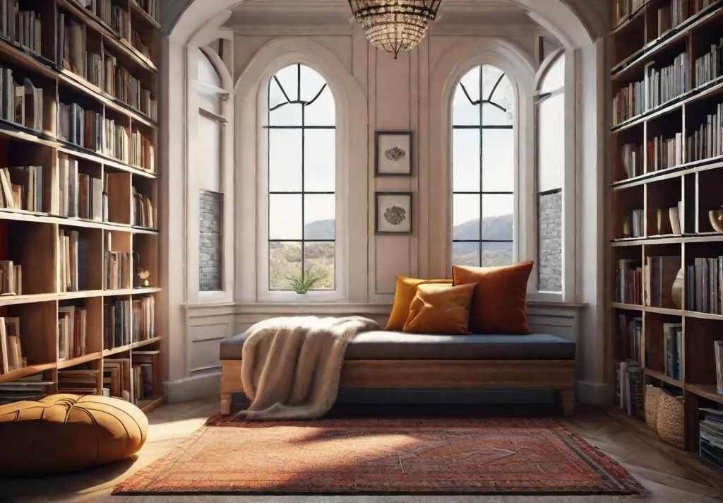 A cozy reading nook featuring a window seat with plush cushions and soft throw pillows