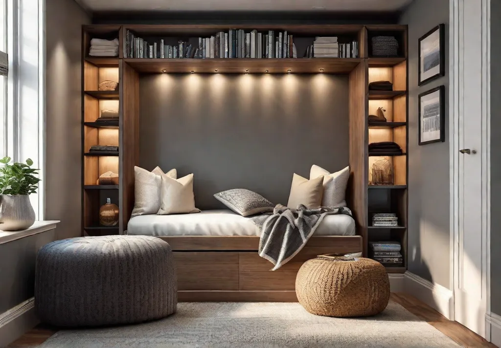 A cozy reading nook in a bedroom featuring a storage bench filled