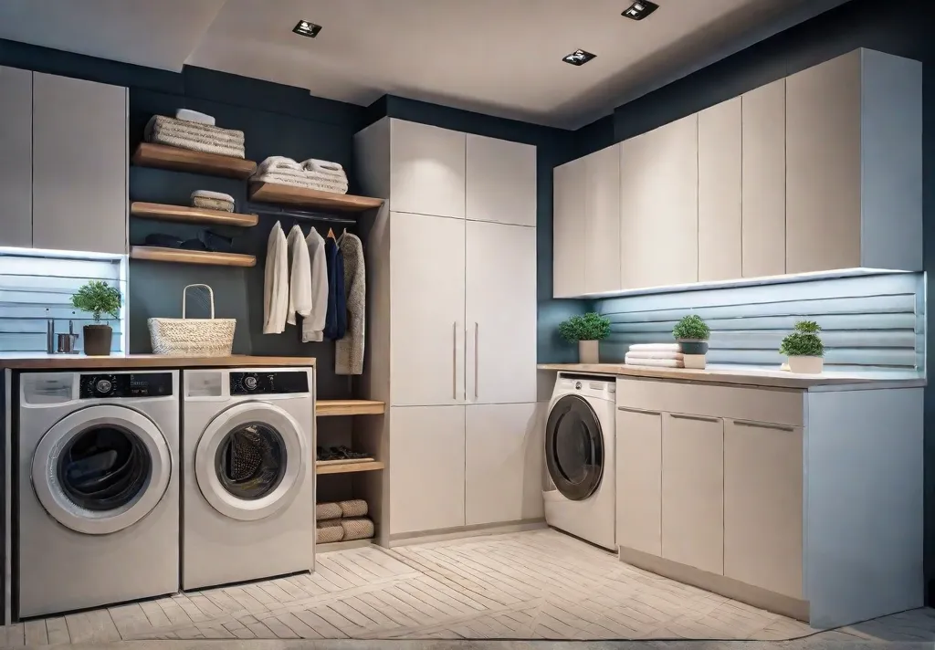 A cozy small laundry room illuminated by warm undercabinet LED strips showcasing