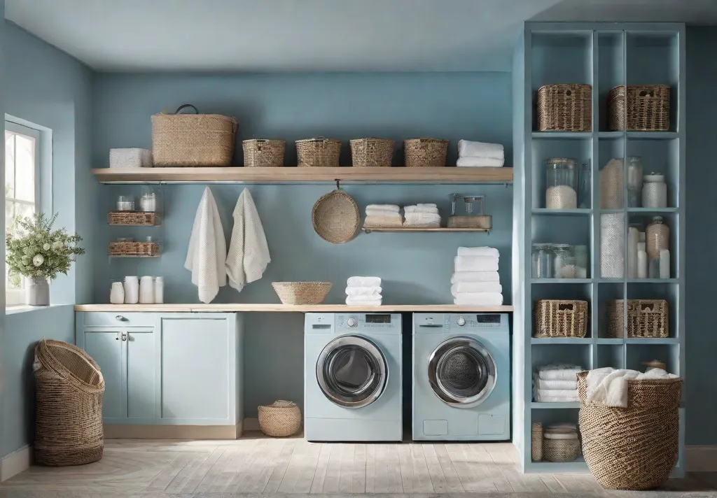 A cozy welllit laundry room with pastel blue walls adorned with floating