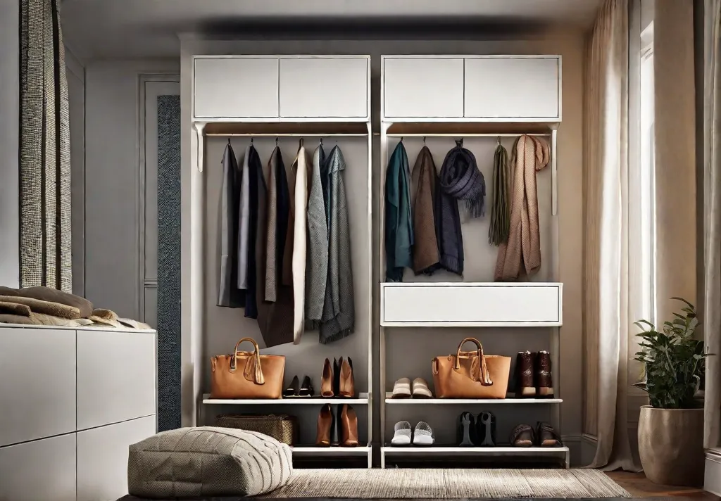 A creative solution for accessory storage showing wall hooks and racks neatly