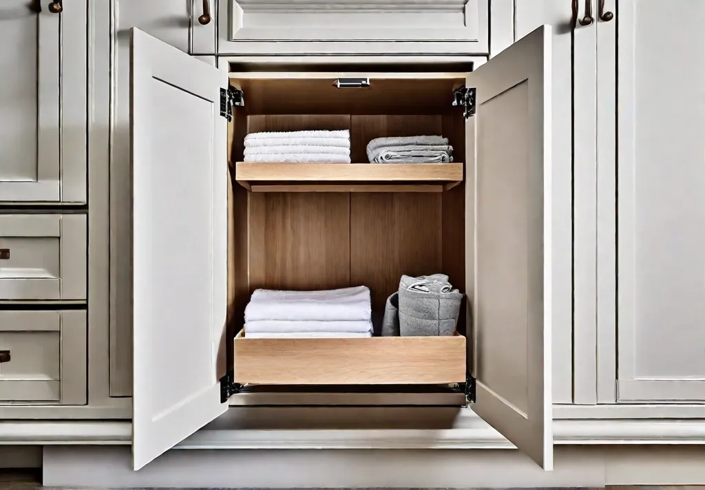 A custom pullout hamper discreetly built into laundry room cabinetry showcasing innovative