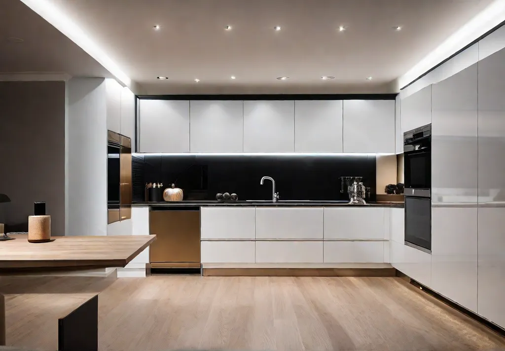 A detailed image of undercabinet puck lights installed beneath kitchen cabinets illuminating