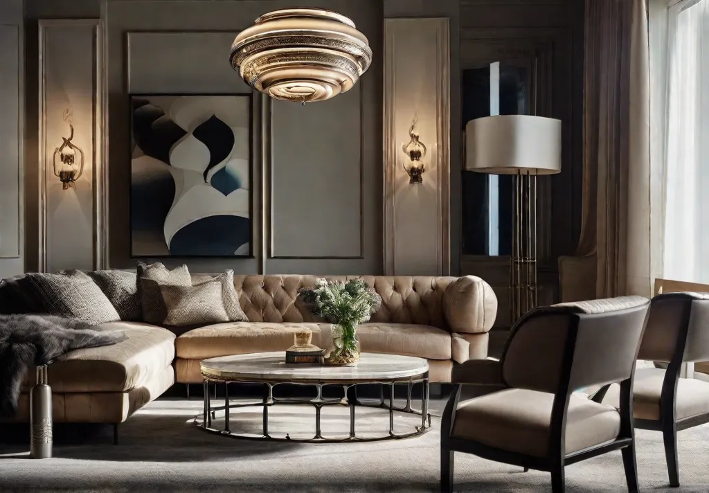 A detailed shot of a living room showcasing an avant garde functional art piece