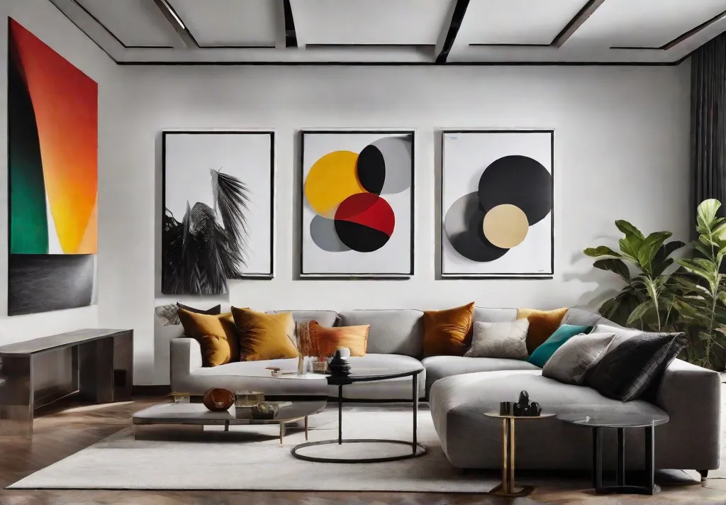 A dynamic living room scene where abstract paintings