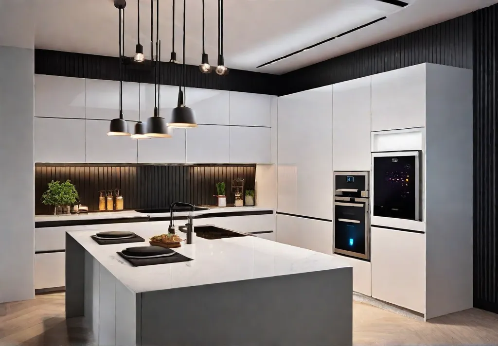 A futuristic kitchen equipped with smart lighting solutions where the color and