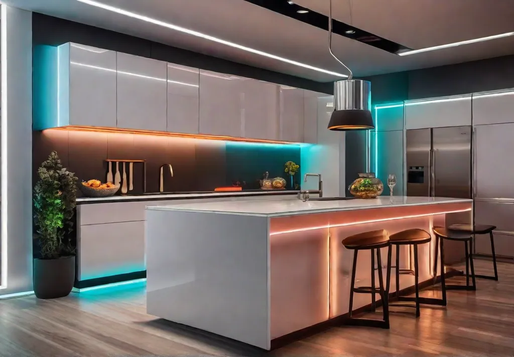 A futuristic kitchen scene that incorporates smart lighting with colorful LED strips