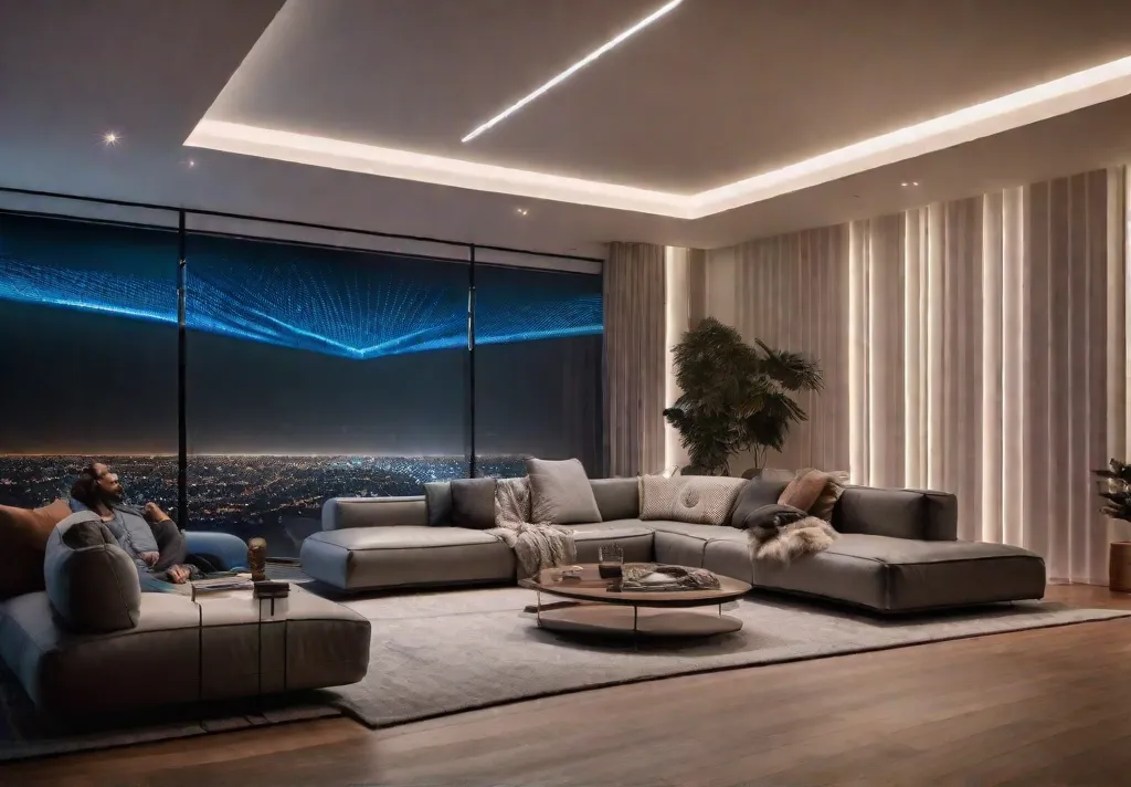 A futuristic living room scene at night