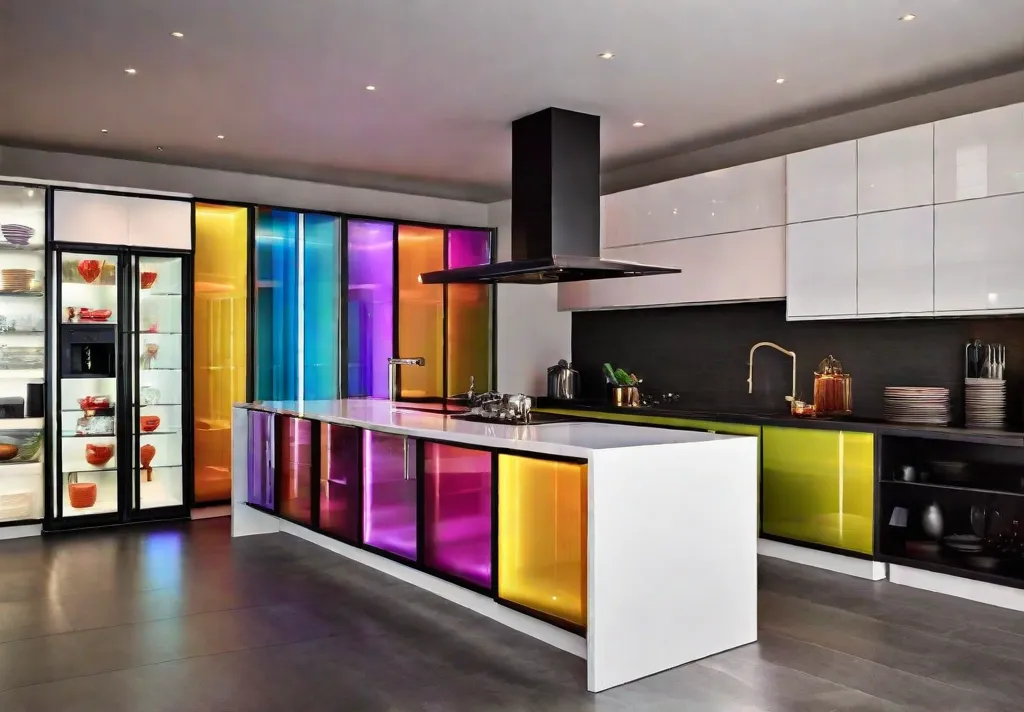 A glimpse into a vibrant kitchen featuring colorful lighting accents under the