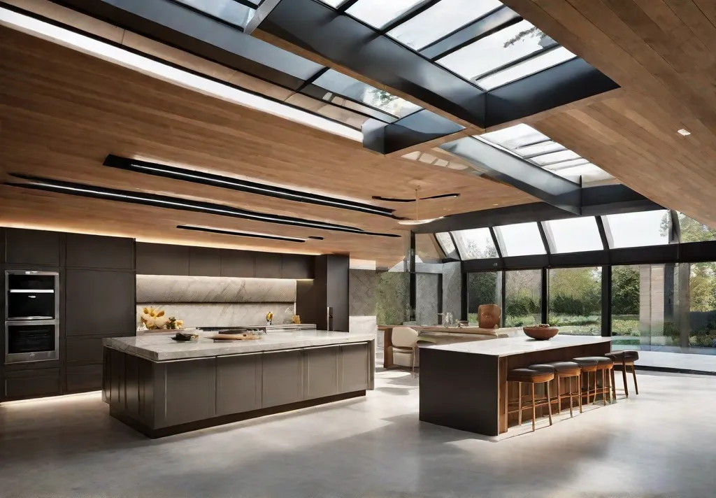 A grand kitchen lit by an array of skylights and solar tubes