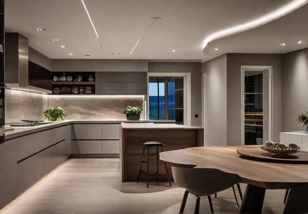 A harmonious blend of recessed lighting and dimmable LED downlights installed in