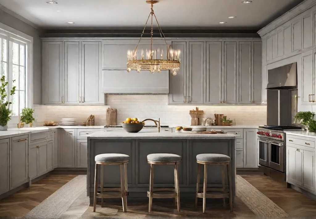 A kitchen featuring a balanced mix of lighting types a warm chandelier