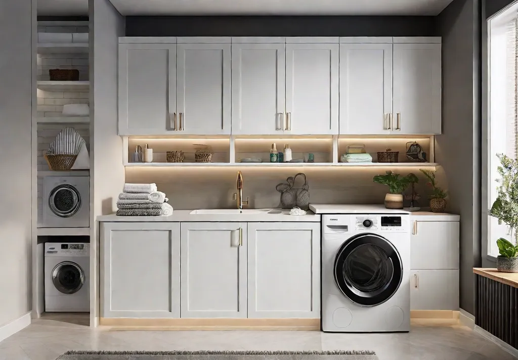 A laundry room featuring a cheerful lightcolored theme with undercabinet LED lights