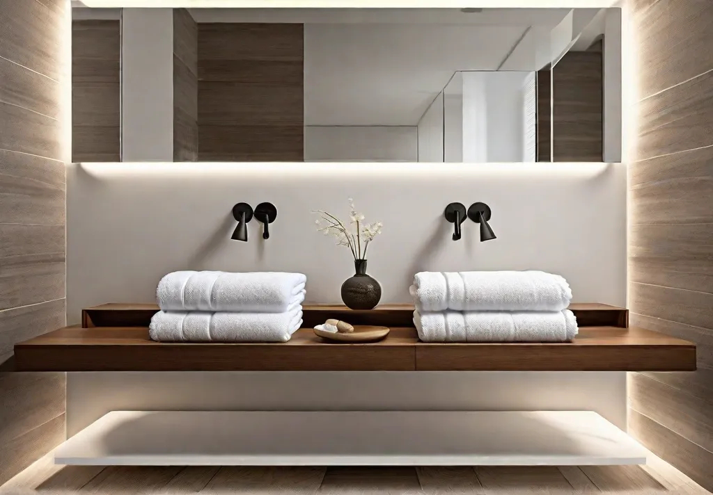 A luxurious bathroom with plush white towels and mats arranged on a sleek wooden shelf