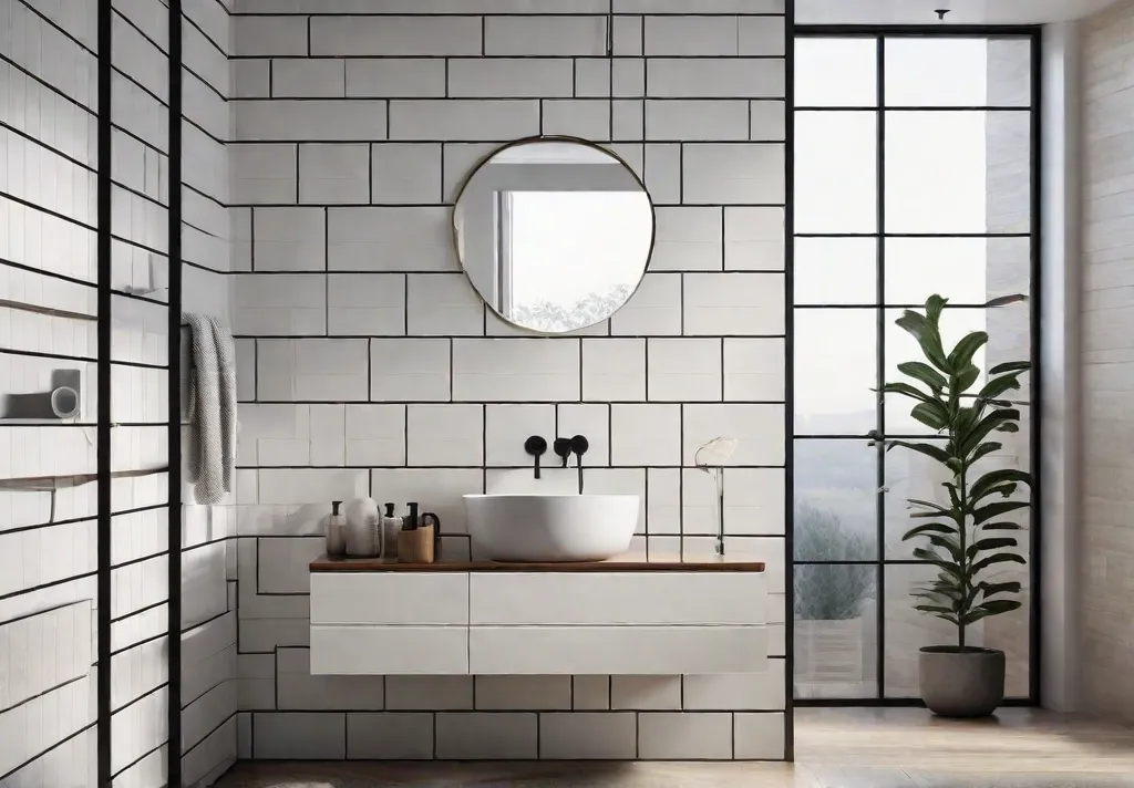 A minimalist bathroom with white subway tiles
