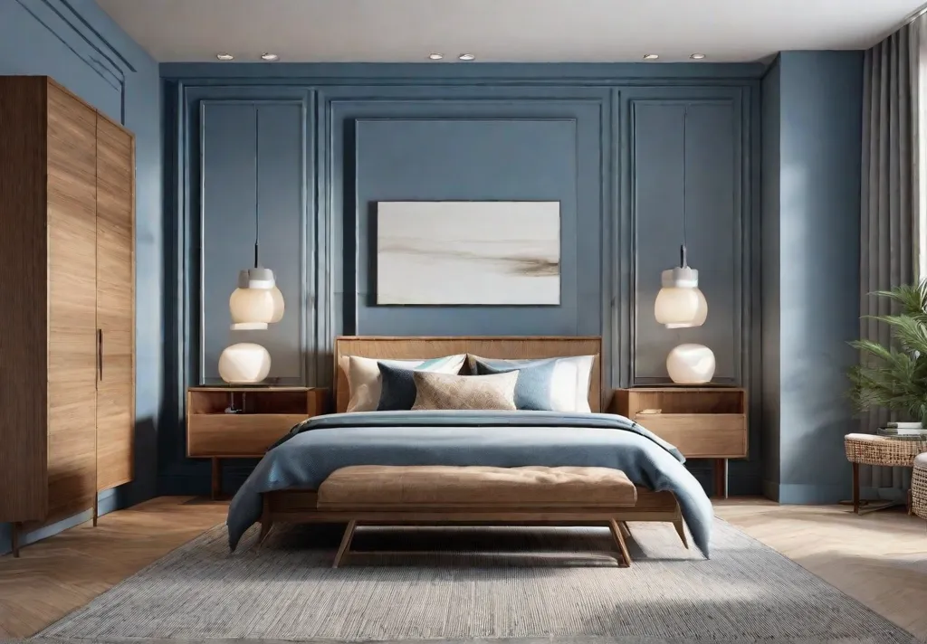 A minimalist bedroom highlighting an accent wall painted in a calming shade