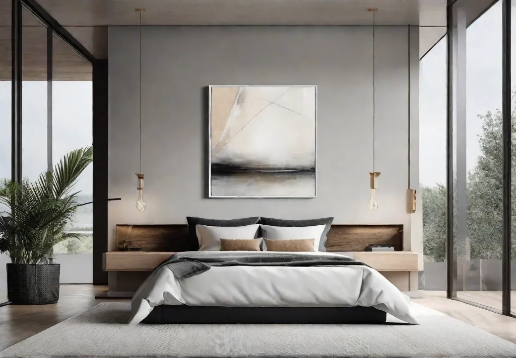 A minimalist bedroom wall featuring a single large abstract painting in neutral