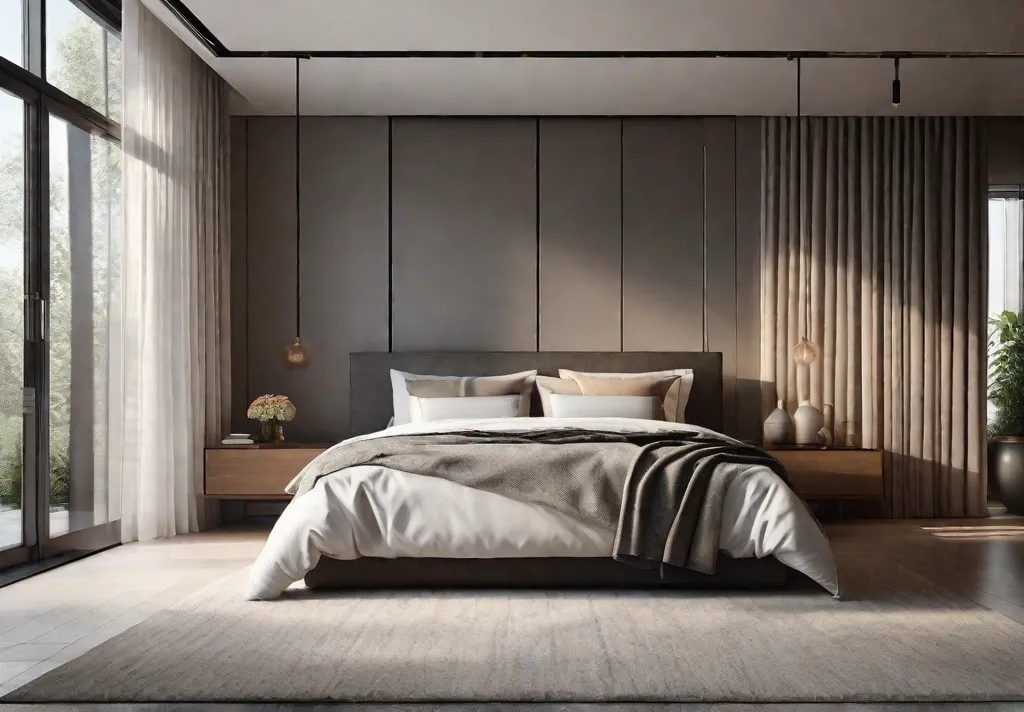 A minimalist bedroom with a large window dressed in simple highquality curtains