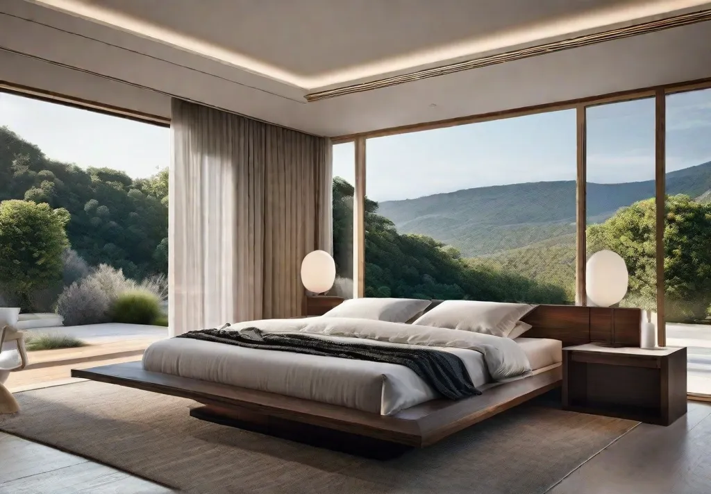 A minimalist bedroom with an expansive window showing a lush outdoor view