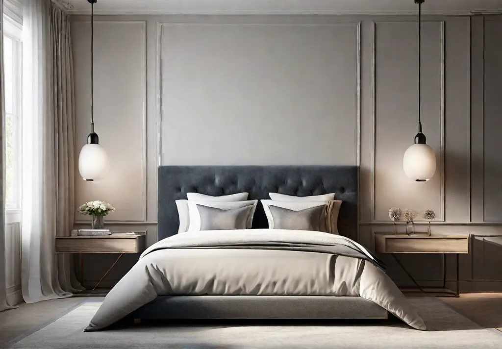 A minimalist bedroom with soft neutral colors on the walls and a