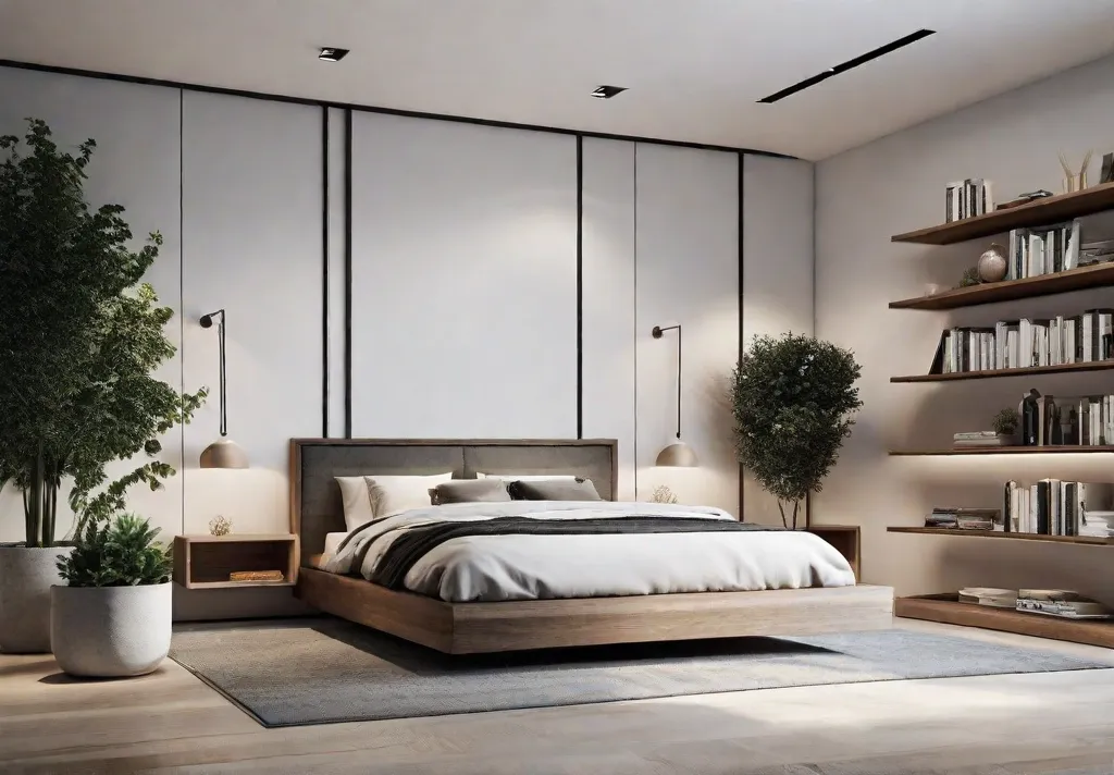 A minimalist bedroom with wallmounted floating shelves displaying an artful arrangement of