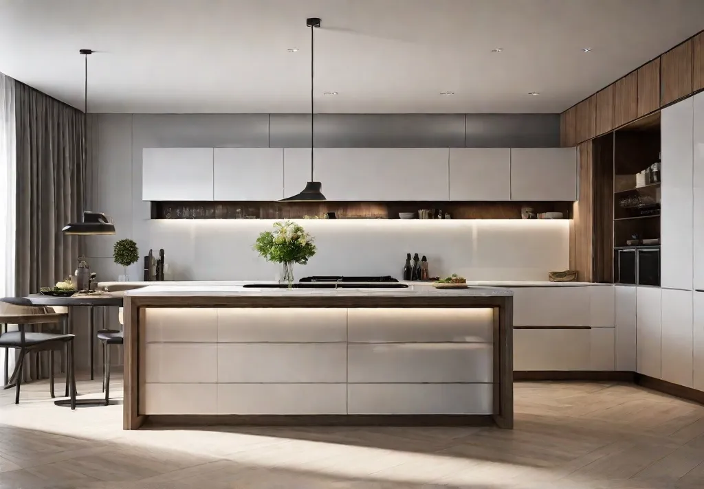A minimalist kitchen design with strategically placed recessed lighting creating a seamless
