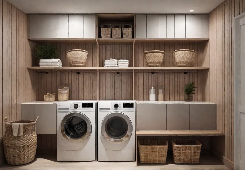 A minimalist laundry room featuring wallmounted open shelving filled with wicker baskets