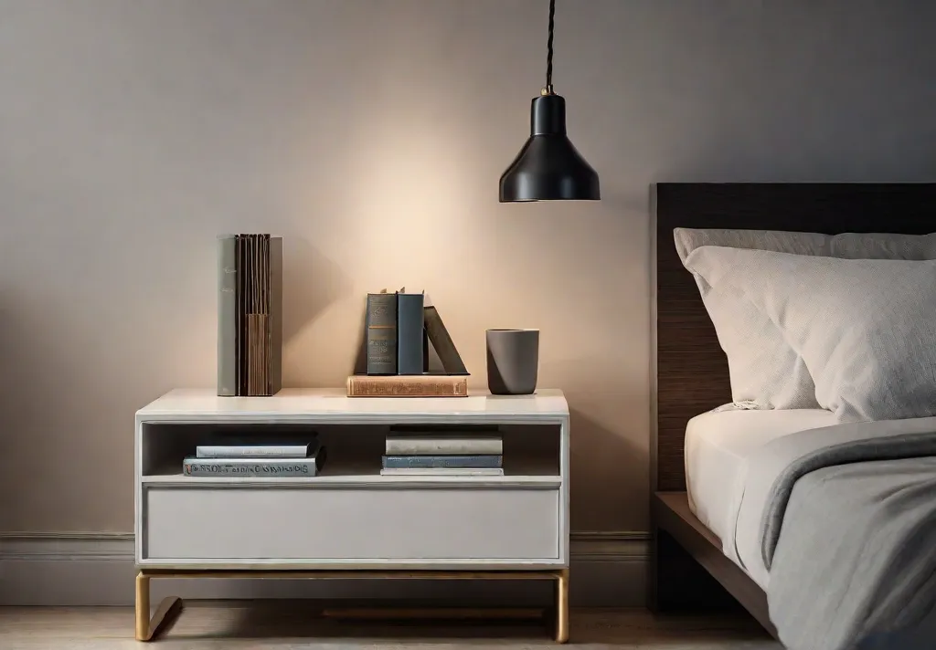 A minimalist nightstand featuring a simple lamp and a single book demonstrating
