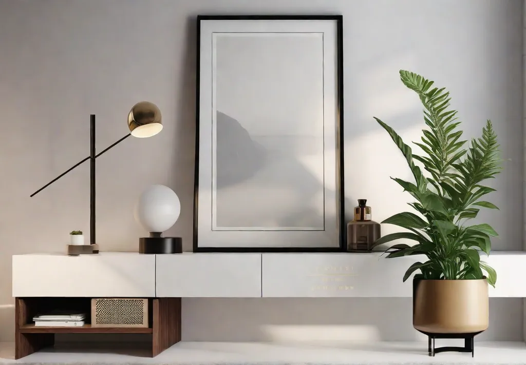 A minimalist nightstand featuring a single unique vase with a fresh green