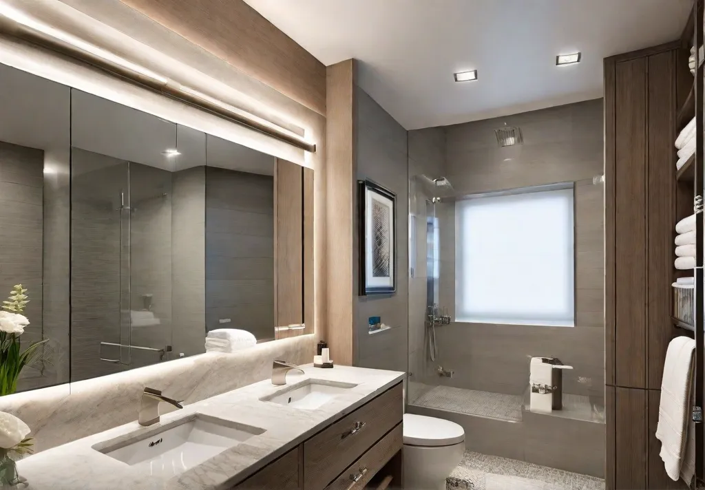 A modern and luxurious small bathroom with upgraded fixtures and hardware