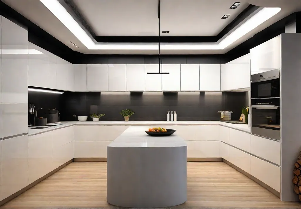 A modern kitchen featuring sleek recessed lighting evenly spaced for a clean