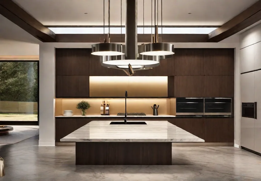A modern kitchen island under the spotlight of sleek oversized pendant lights