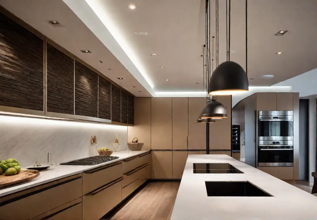 A modern kitchen with advanced track lighting various heads including spotlights and