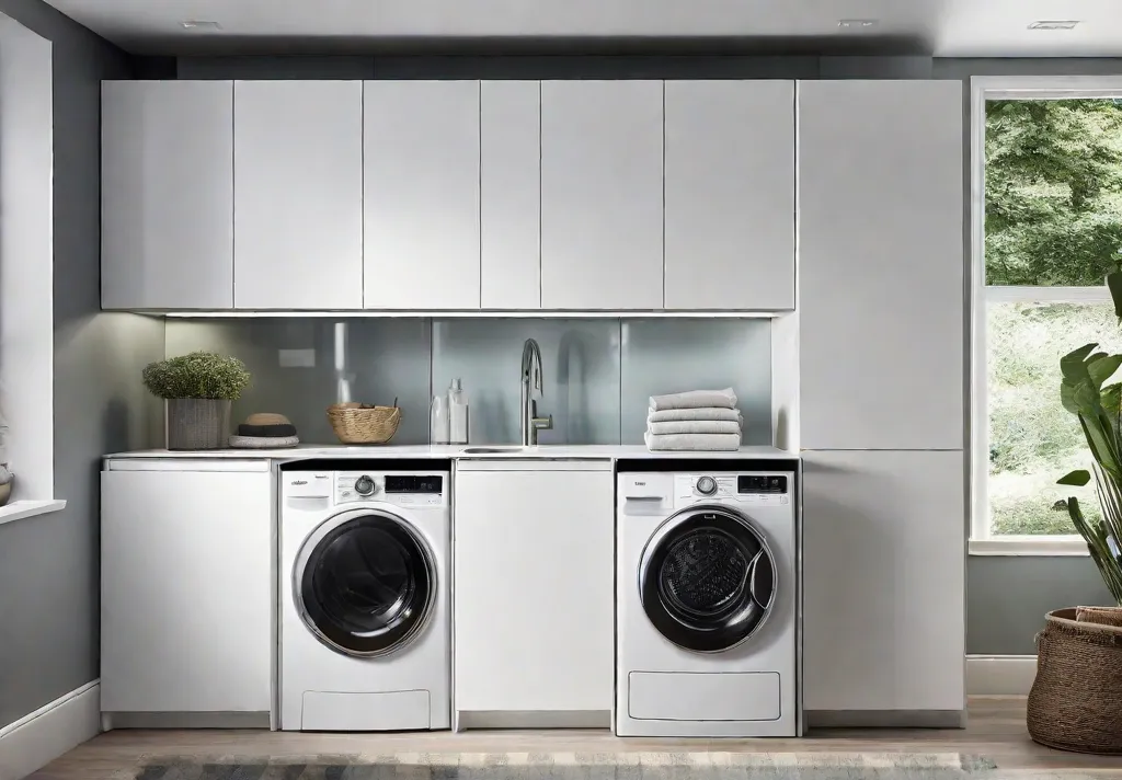A modern spacesaving stackable washer and dryer set in a small laundry