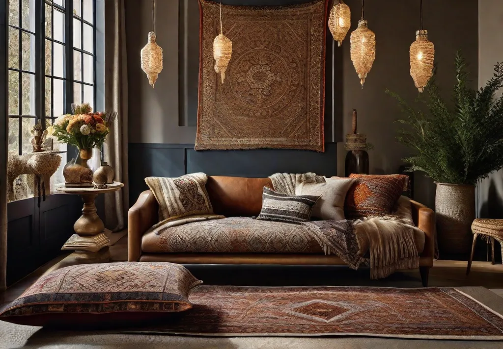 A multi textured living space with layers of comfort a Persian rug atop a larger jute rug