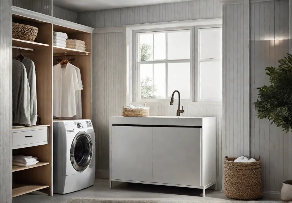 A multipurpose furniture piece in a small laundry room acting as both