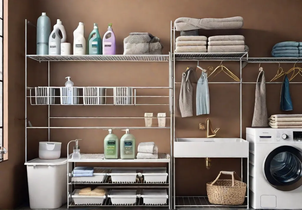 A neatly organized shelf labeled with stylish handwritten tags for detergents softeners