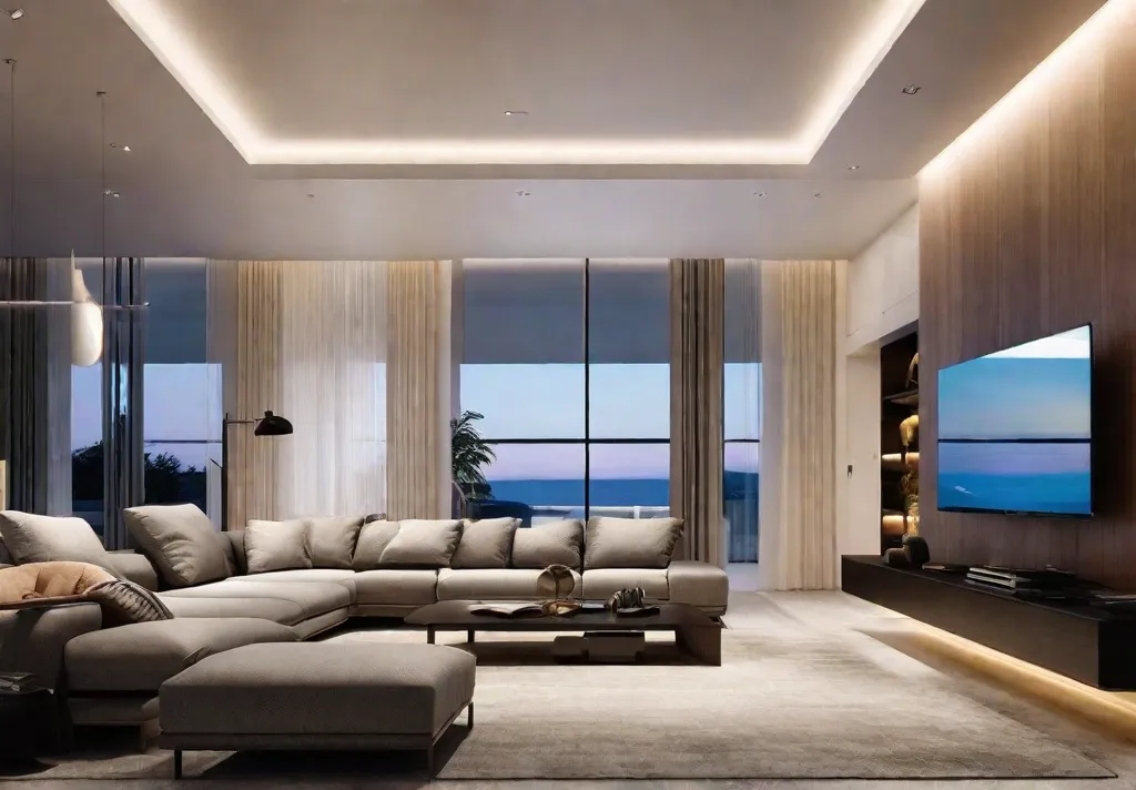 A panoramic view of a modern living room bathed in soft