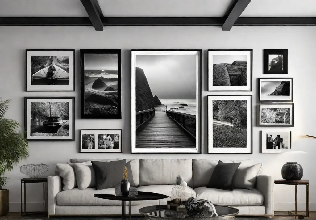A personal gallery wall filled with black and white family photographs