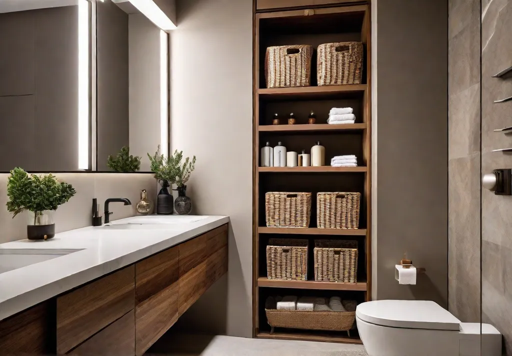 A photo of a small bathroom that has been cleverly organized with shelves