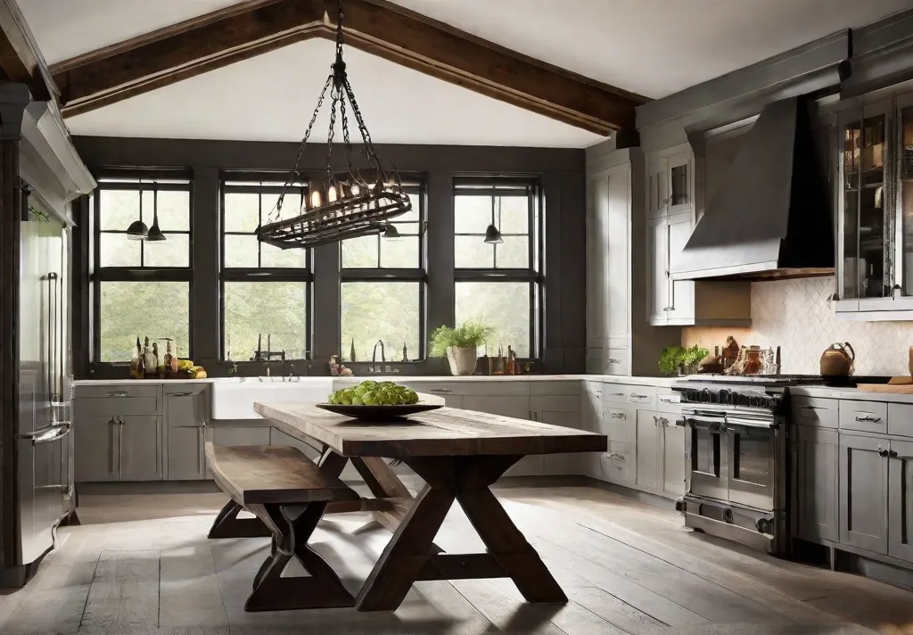 A rustic kitchen illuminated by a statementmaking chandelier with wrought iron details