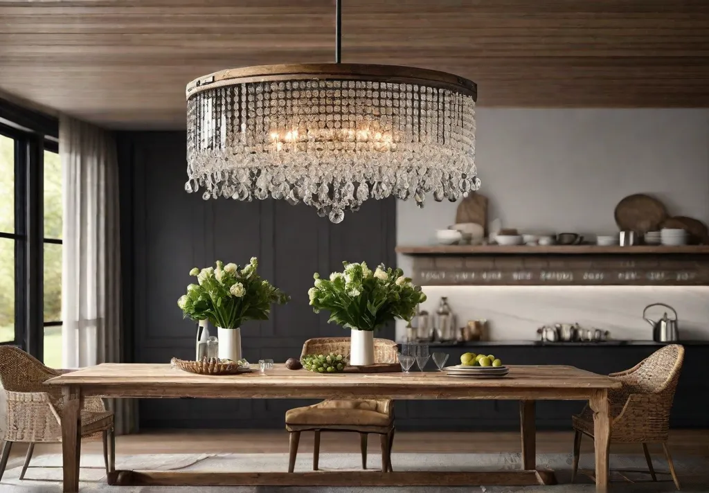 A rustic kitchen space with a vintage chandelier featuring crystal droplets positioned
