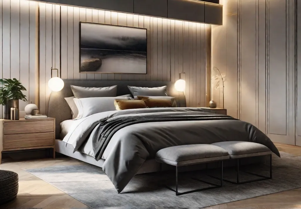 A serene bedroom featuring a sleek multifunctional bed frame with builtin drawers