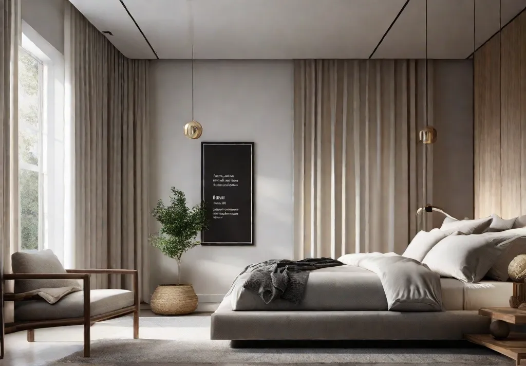 A serene bedroom with minimalist design elements featuring a bed with builtin