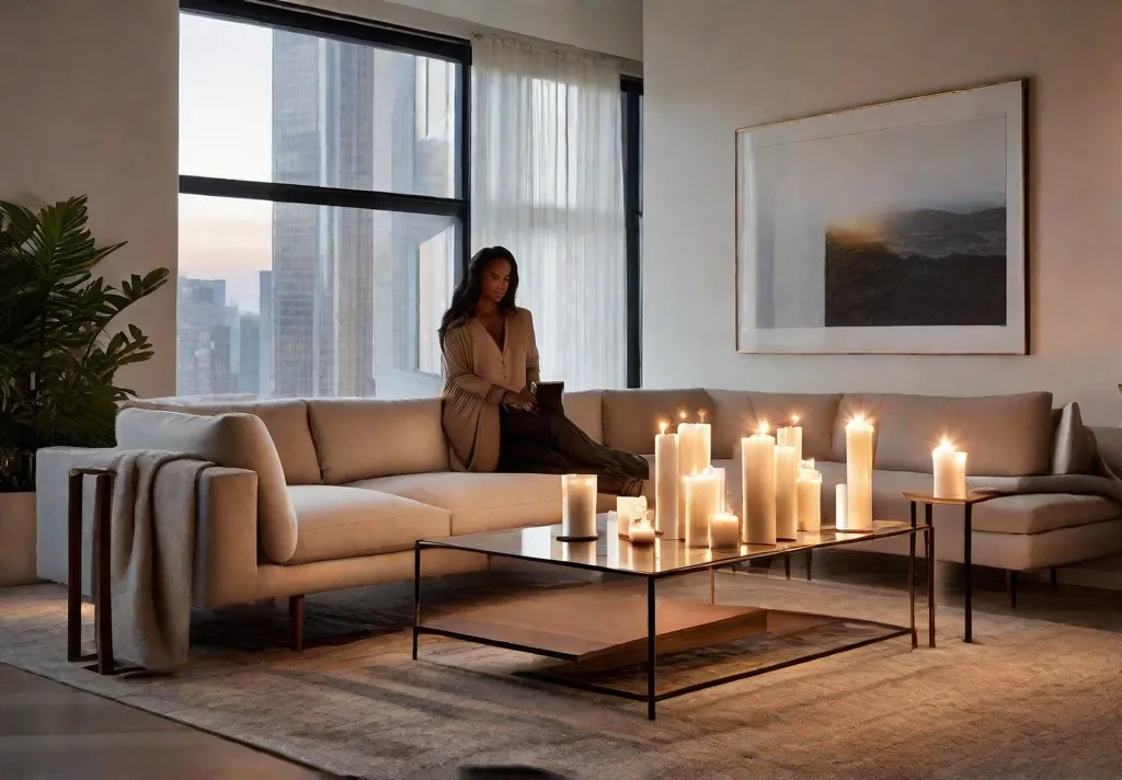 A serene evening setting in a living room featuring an array of candles on a low coffee table