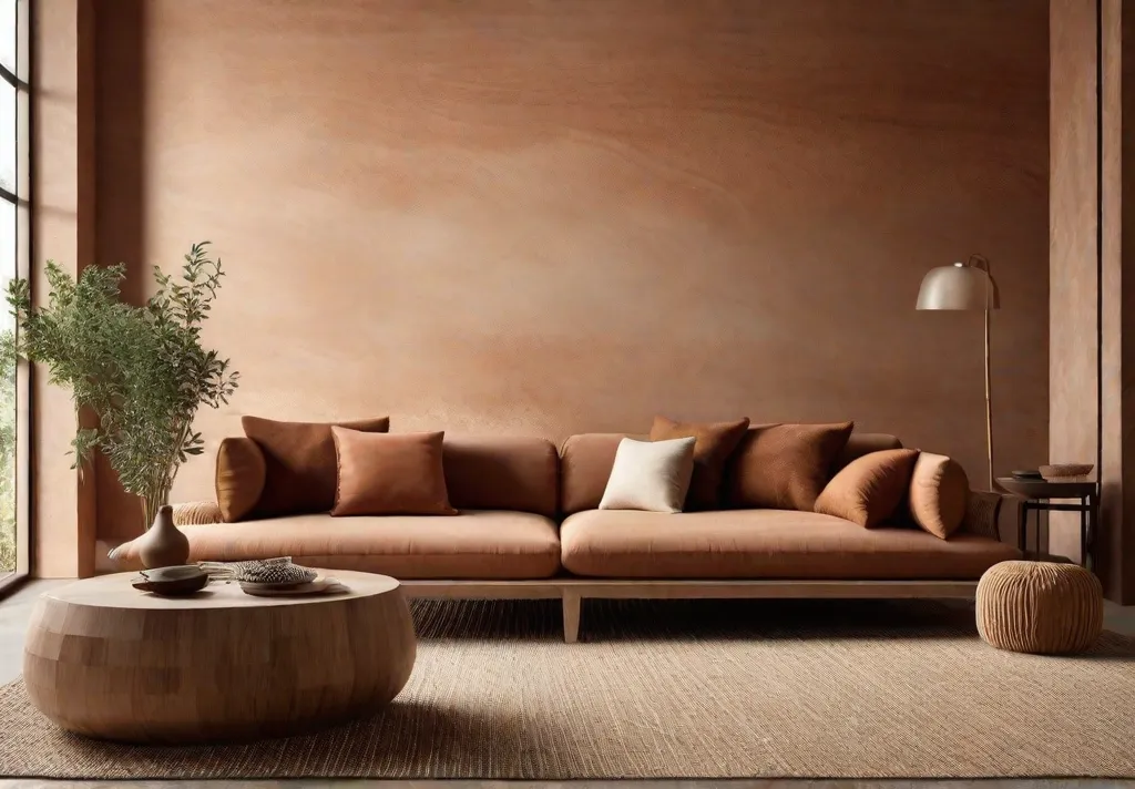 A serene living space showcasing a harmony of earthy tones a sandy hued sofa set against a backdrop of terracotta walls